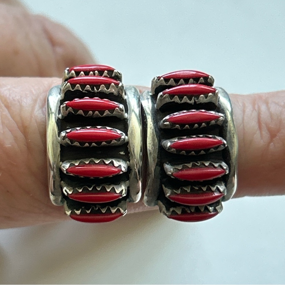 Vintage Signed Southwestern Red Coral Sterling Silver C Hoop Earrings